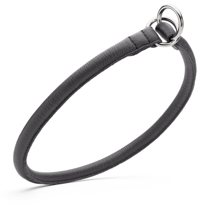 Black leather slip collar for large dogs, 1/2 inch width, round anti matting design with metal hardware