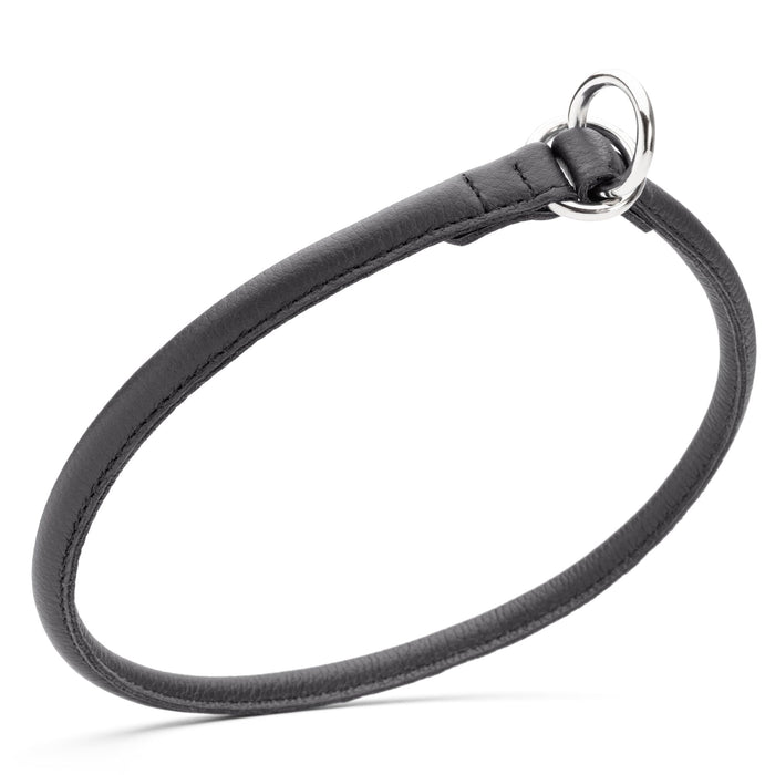 Rolled leather choke dog collar, black with metal O-rings, width 3/8 inch