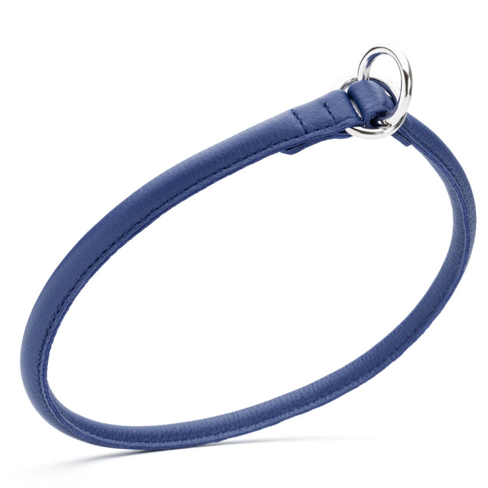 Rolled leather choke dog collar, blue with metal O-rings, width 3/8 inch