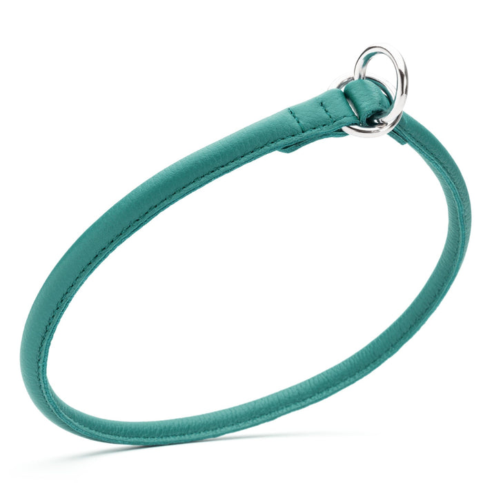 Rolled leather choke dog collar, teal with metal O-rings, width 3/8 inch