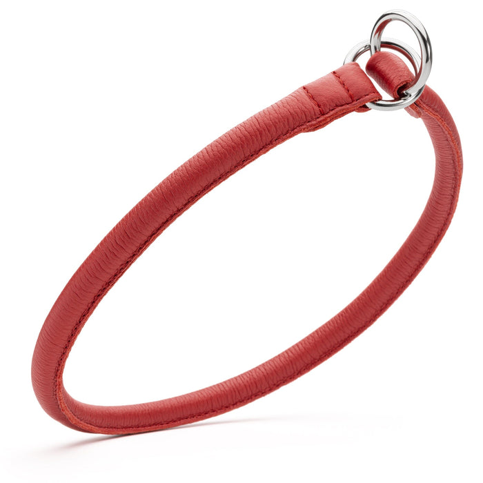 Red leather slip collar for large dogs, 1/2 inch width, round anti matting design with metal hardware