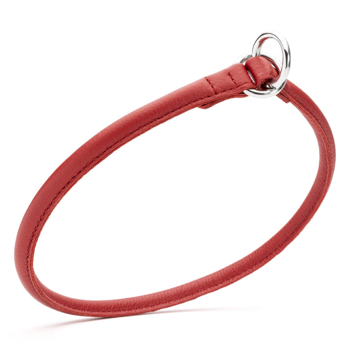 Rolled leather choke dog collar, red with metal O-rings, width 3/8 inch