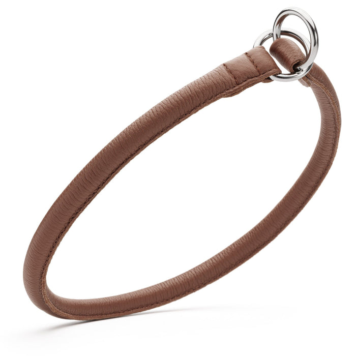 Brown leather slip collar for large dogs, 1/2 inch width, round anti matting design with metal hardware