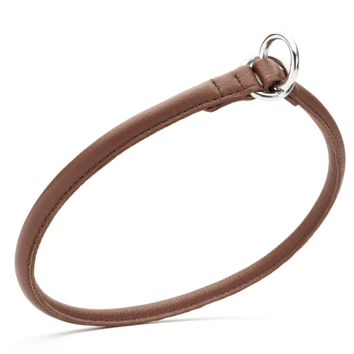 Rolled leather choke dog collar, brown with metal O-rings, width 3/8 inch