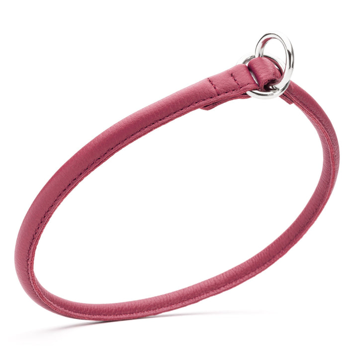 Rolled leather choke dog collar, pink with metal O-rings, width 3/8 inch