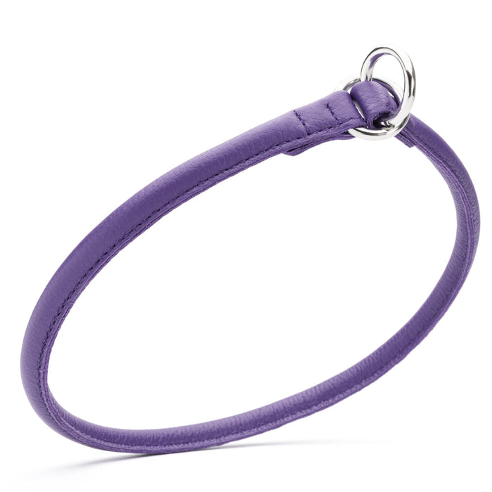Rolled leather choke dog collar, purple with metal O-rings, width 3/8 inch