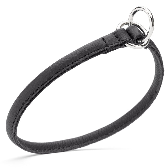 Black leather slip dog collar with two metal O-rings, 1/4 inch width