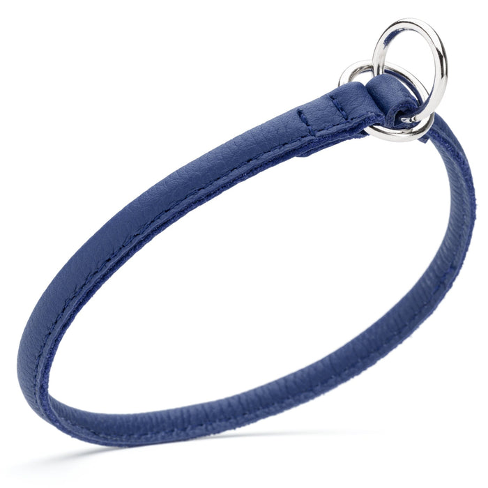 Royal blue leather slip dog collar with two metal O-rings, 1/4 inch width