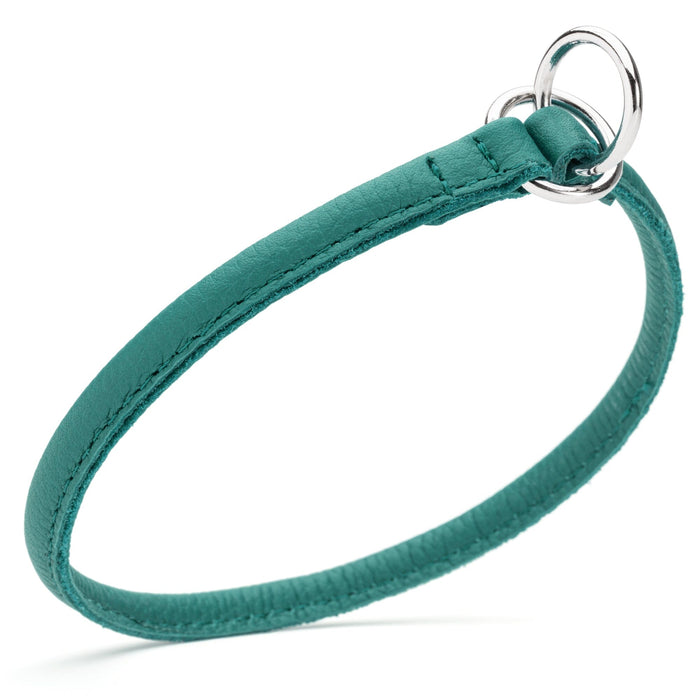 Teal leather slip dog collar with two metal O-rings, 1/4 inch width