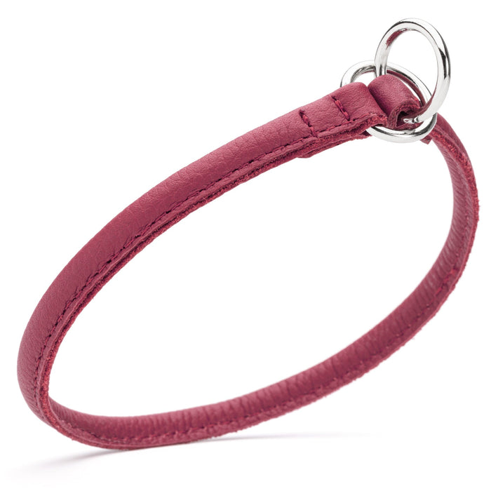 Pink leather slip dog collar with two metal O-rings, 1/4 inch width