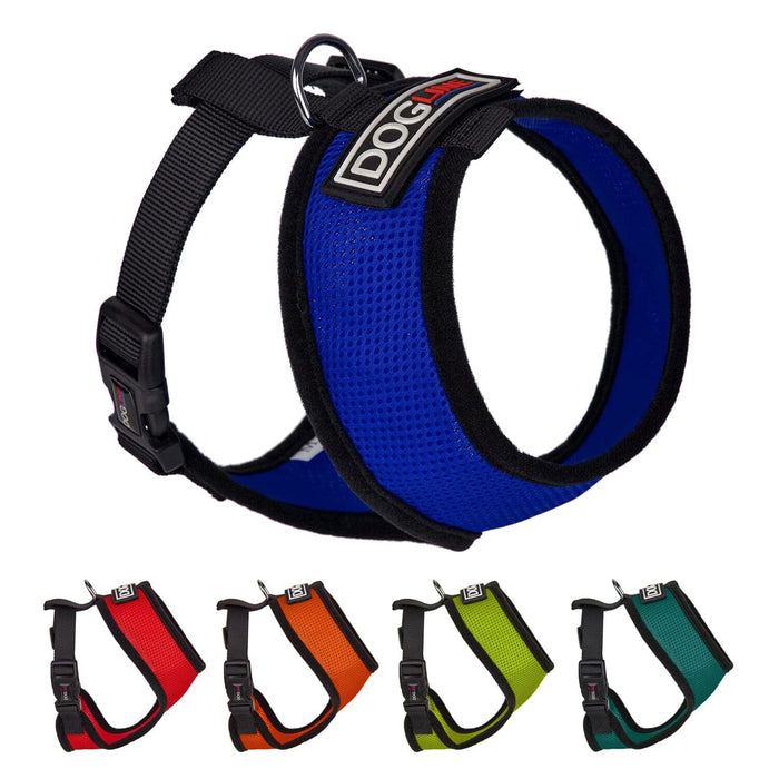 Mesh harness for dogs, soft and padded, with quick release buckle, adjustable chest width; blue, red, orange, green, teal and 3 other color options