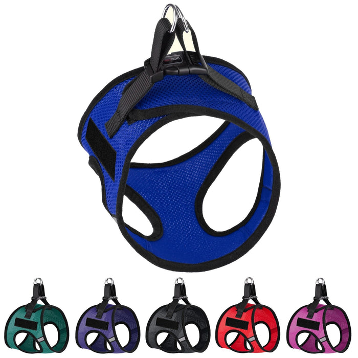 Nylon mesh harness for dogs with quick release buckle and 2 hook and loop fasteners for patches; blue and 7 other color options