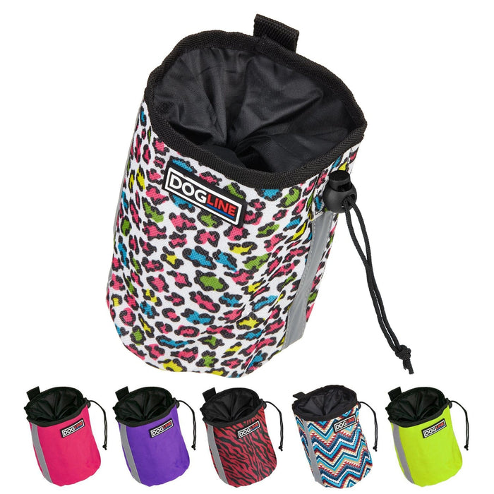 Treat pouch for dogs with drawstring, belt loop and waste bag pocket, made from nylon; leopard multi-colored, pink, purple, zebra red, Aztec, green and 13 other color options