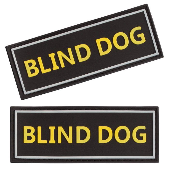 Blind Dog rubber patches for dog vest, harness or collar, yellow 3D letters, white border, set of 2