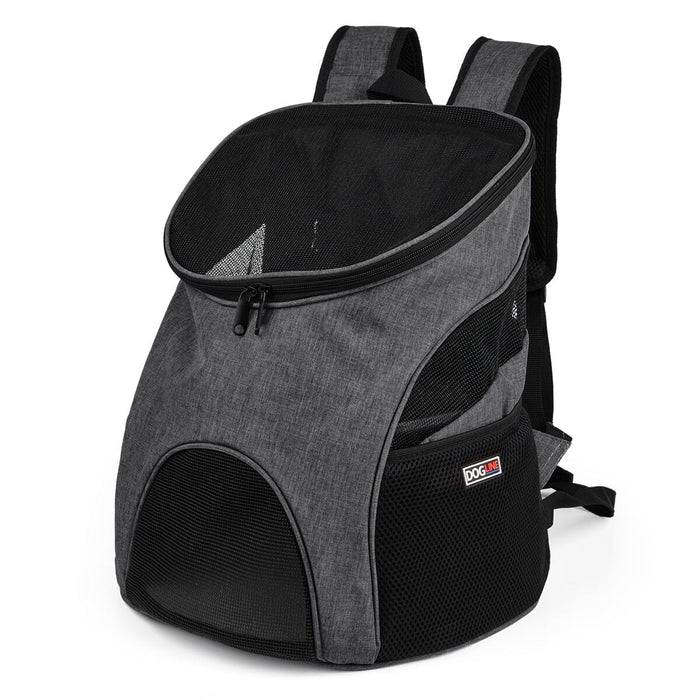 Gray pet carrier backpack with breathable mesh design