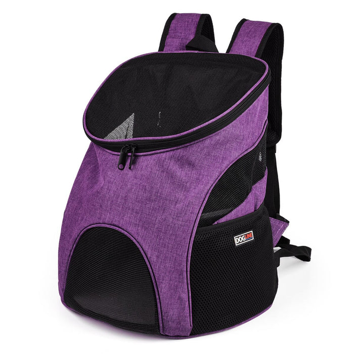 Purple pet carrier backpack with breathable mesh design
