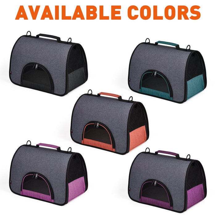 Pet carrier bags with removable shoulder strap and ventilated mesh screens, collapsible space-saving design, 5 colors available