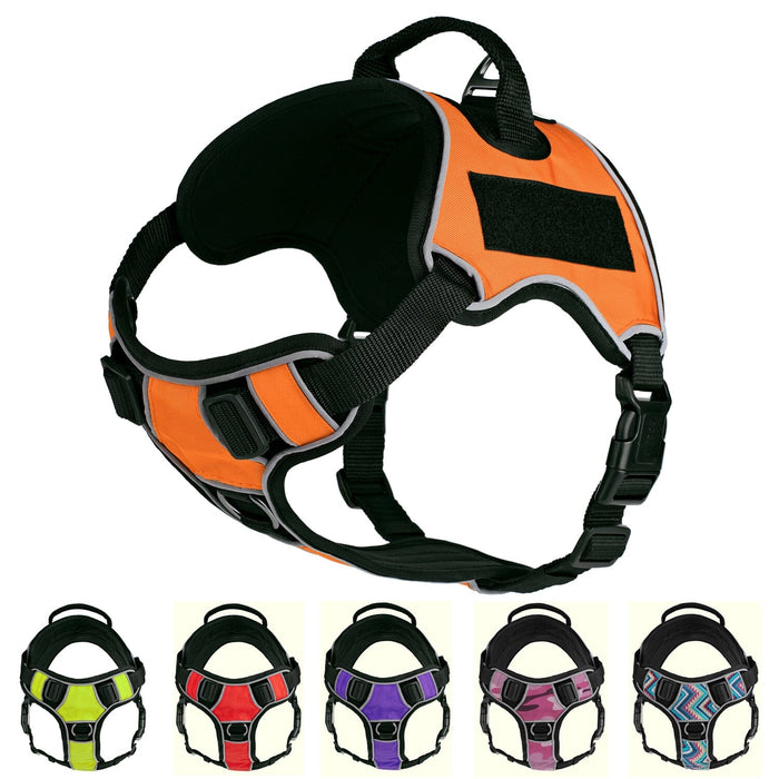 No pull harness for dogs with top handle, adjustable straps, and loop backing fastener for patches, made from Neoprene, orange and 11 other color options