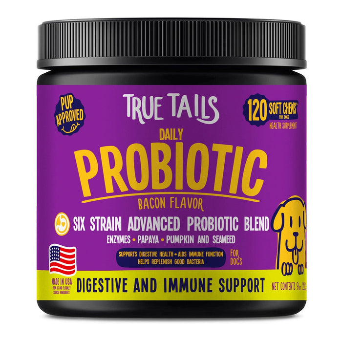 Soft chews for dogs with probiotic blend to support digestion and immune system, bacon flavor, 120 chews per container