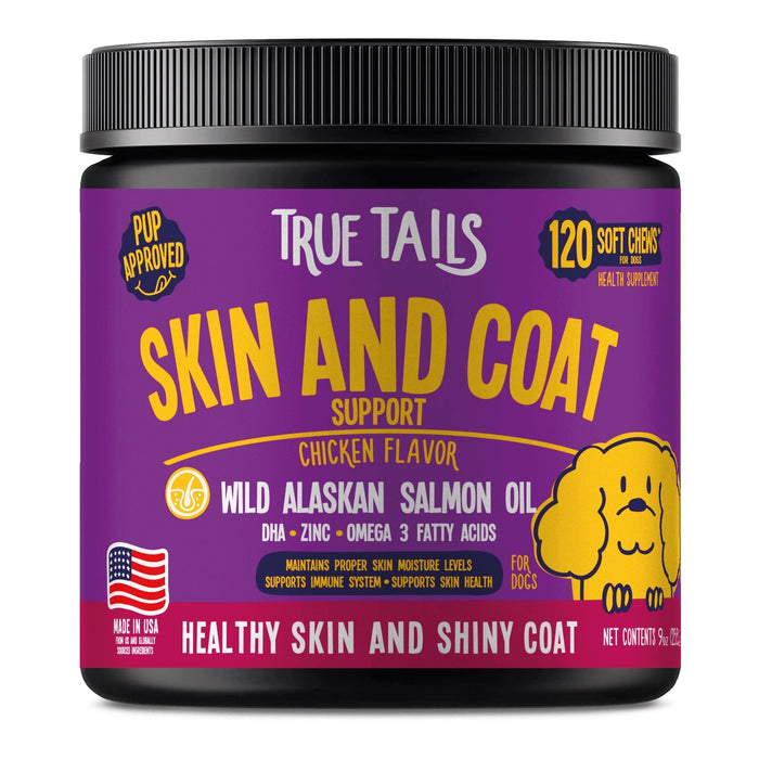 Skin and Coat Soft chews for dogs with salmon oil to support healthy skin and coat, chicken flavor, 120 chews per container