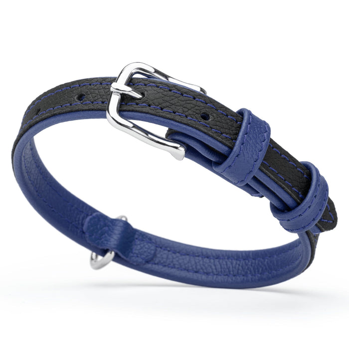 Black and blue leather dog collar with metal buckle, 5/8 inch width