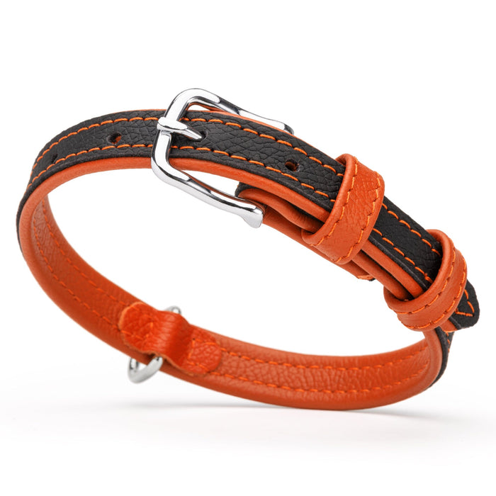 Black and orange leather dog collar with metal buckle, 5/8 inch width
