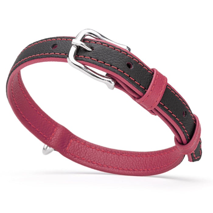 Black and pink leather collar with metal hardware, 3/4 inch width