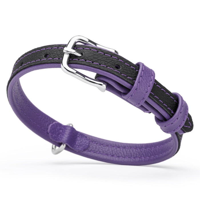 Black and purple leather dog collar with metal buckle, 5/8 inch width