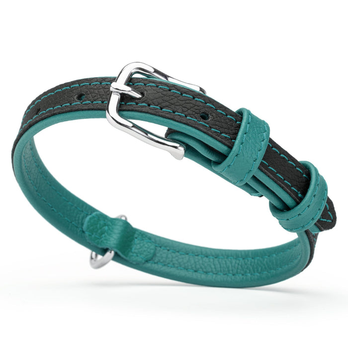 Black and teal leather dog collar with metal buckle, 5/8 inch width