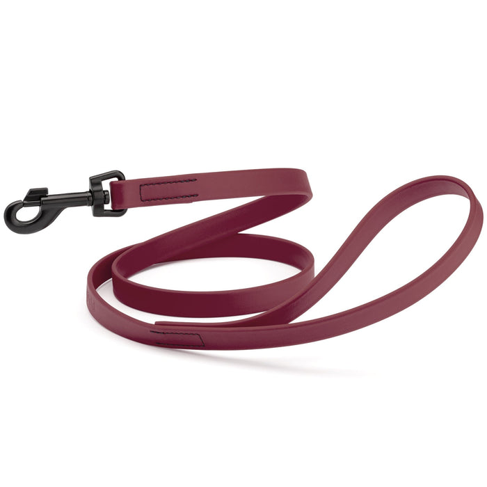 Merlot burgundy dog leash with black swivel clip, made from waterproof Biothane, 6 feet long, 3/4 or 5/8 inches wide