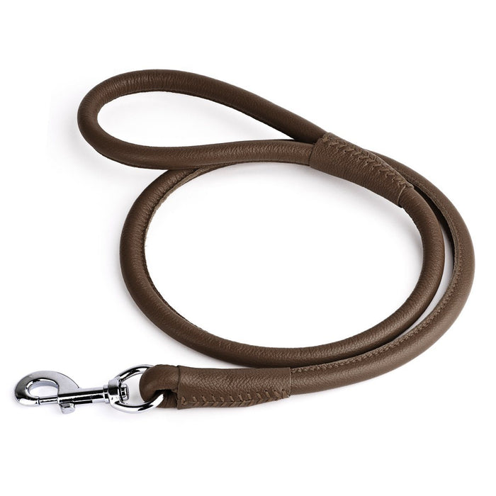 Dark brown leather dog leash with metal swivel clip, rolled design, 1/2 inches wide