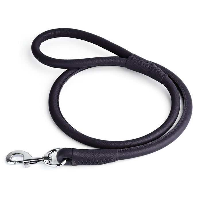 Black leather dog leash with metal swivel clip, rolled design, 1/2 inches wide