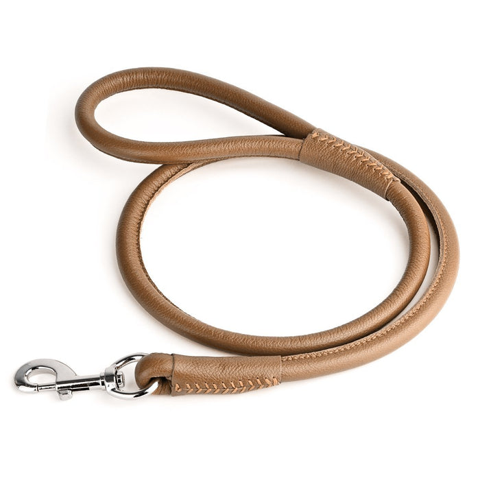Brown leather dog leash with metal swivel clip, rolled design, 1/2 inches wide