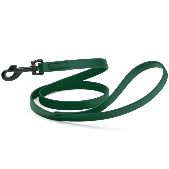 Hunter green dog leash with black swivel clip, made from waterproof Biothane, 6 feet long, 3/4 or 5/8 inches wide