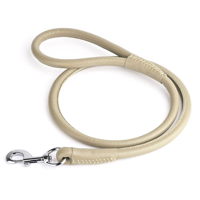 Beige leather dog leash with metal swivel clip, rolled design, 1/2 inches wide