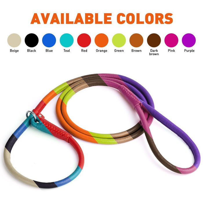 Round leather slip lead for dogs, 3 feet or 6 feet long, 11 colors available