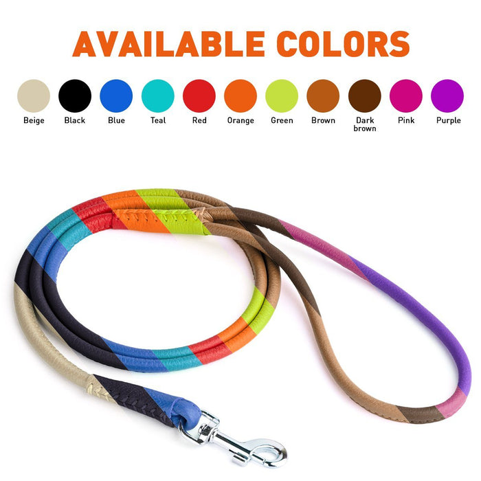 Rolled leather leash for dogs with metal clip, 11 colors available, 3ft, 4ft and 6ft long