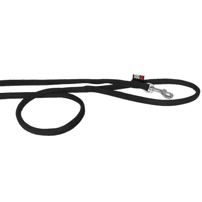 Black dog leash with metal snap hook, round design, made from microfiber