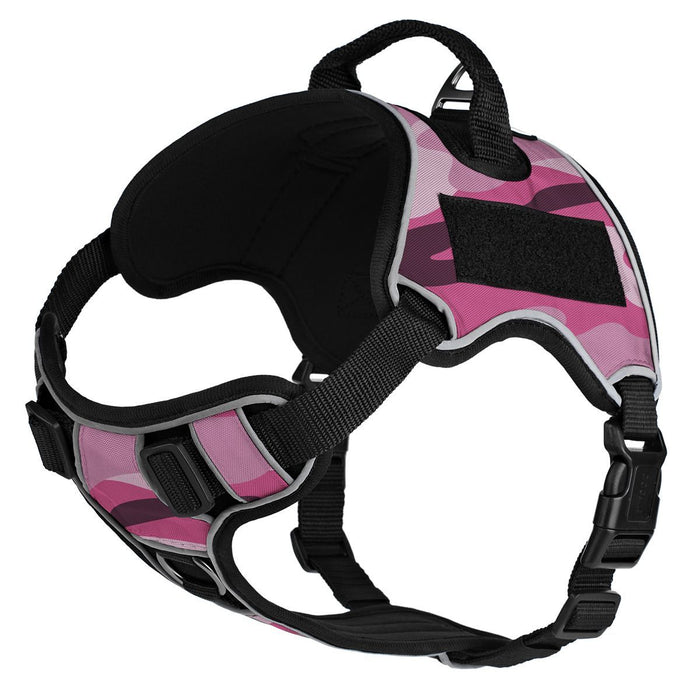 Pink camo dog harness with top handle and loop backing for hook and loop patches, adjustable, made from Neoprene