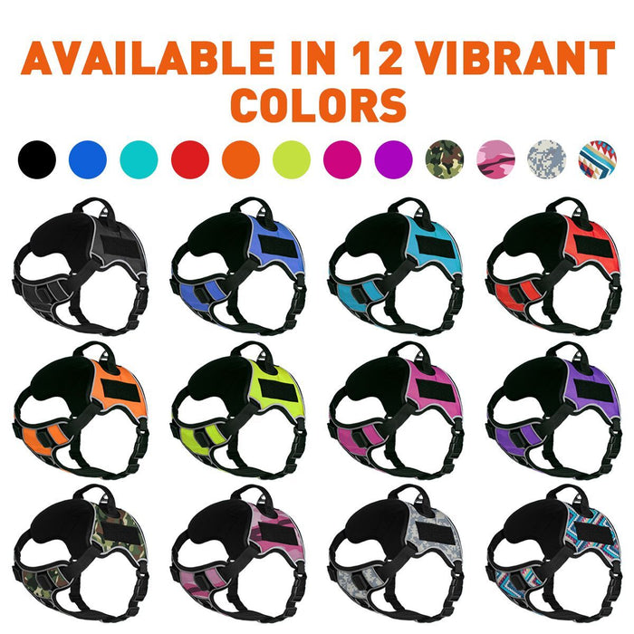 Multipurpose harnesses for dogs with handle, hook and loop patch fastener, and adjustable straps, 12 colors available