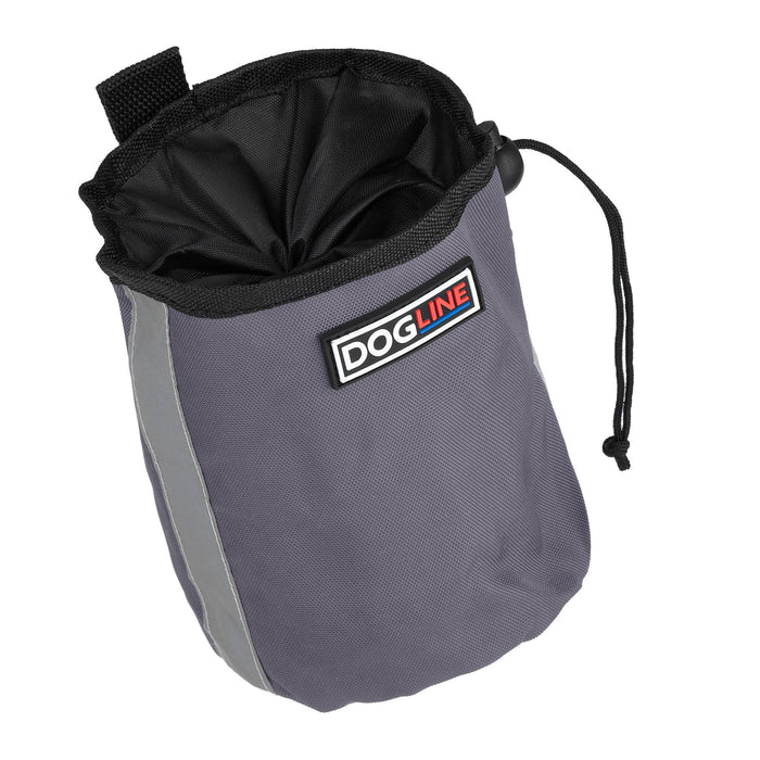 Gray dog treat pouch with drawstring and waste bag dispenser