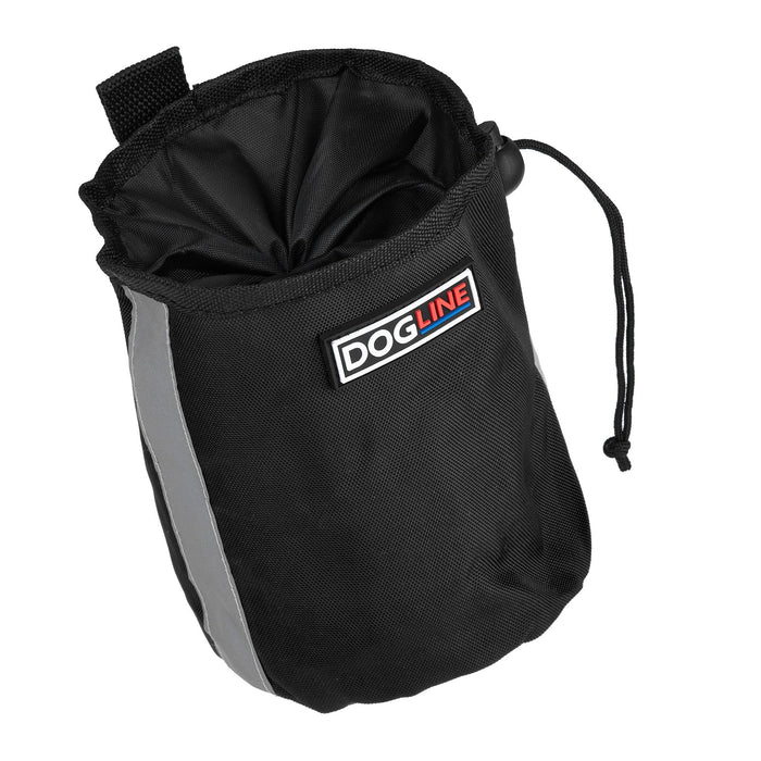 Black dog treat pouch with drawstring and waste bag dispenser