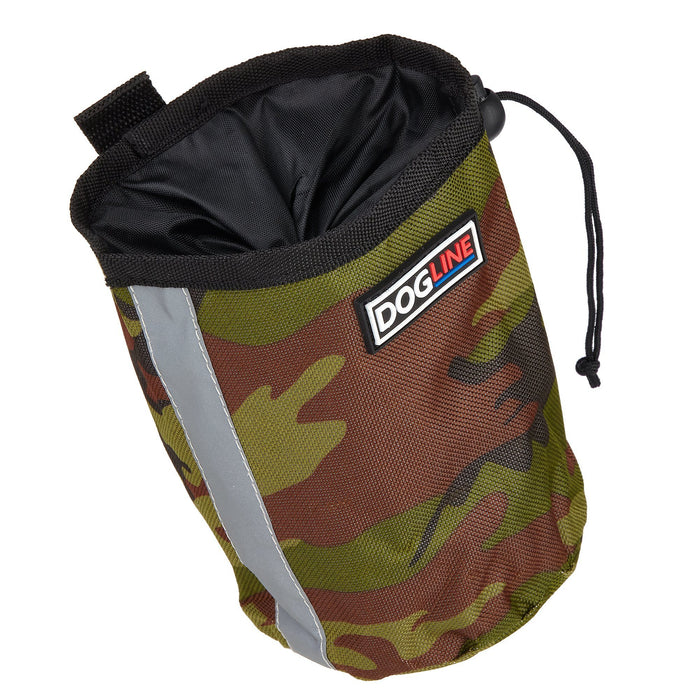 Green camo dog treat pouch with drawstring and waste bag dispenser