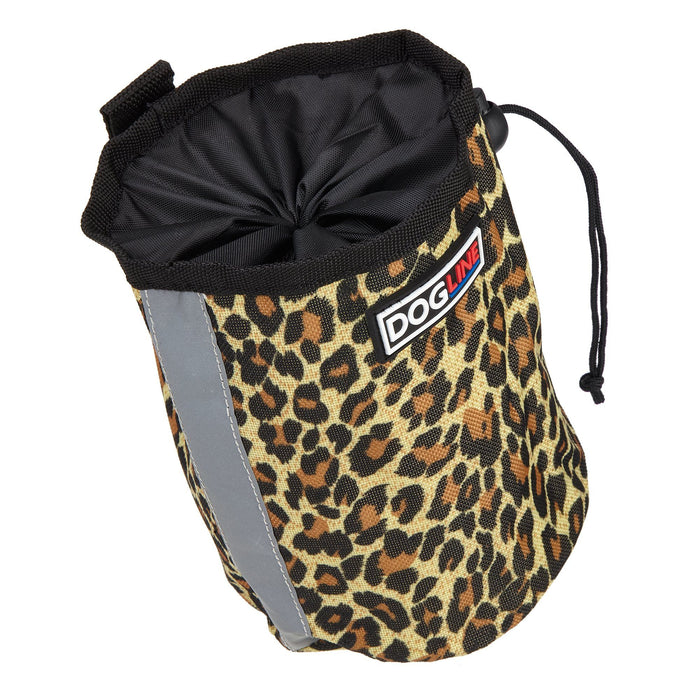 Leopard brown dog treat pouch with drawstring and waste bag dispenser