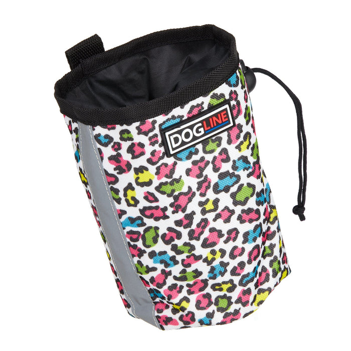 Leopard multi-colored dog treat pouch with drawstring and waste bag dispenser
