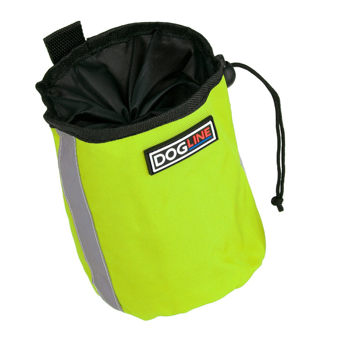 Green dog treat pouch with drawstring and waste bag dispenser