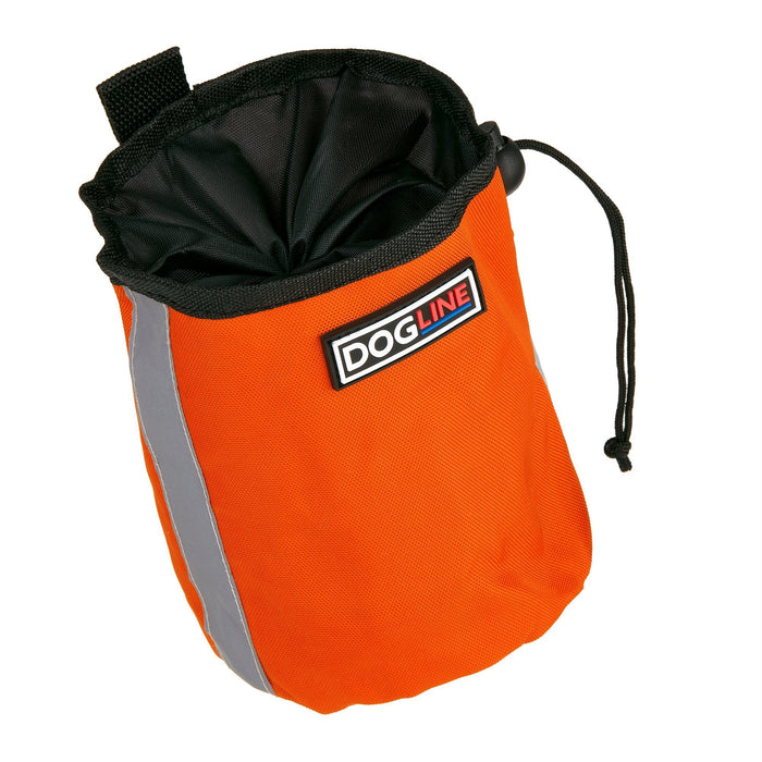Orange dog treat pouch with drawstring and waste bag dispenser