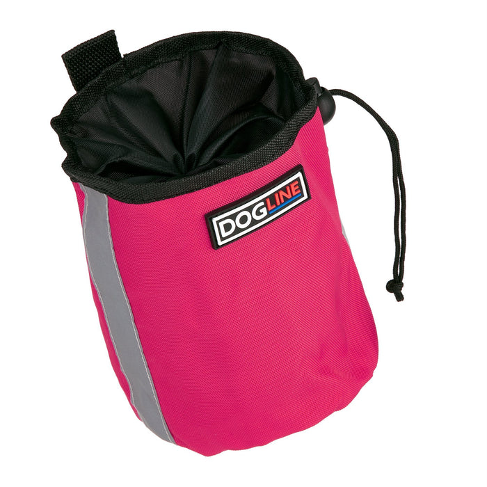 Pink dog treat pouch with drawstring and waste bag dispenser