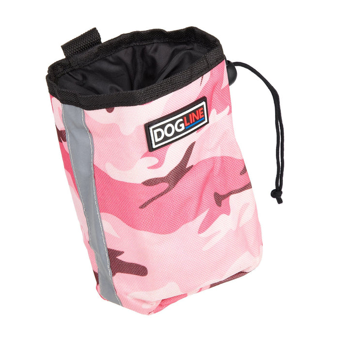 Pink camo dog treat pouch with drawstring and waste bag dispenser