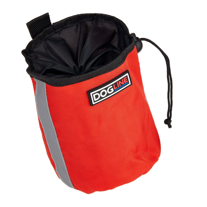 Red dog treat pouch with drawstring and waste bag dispenser